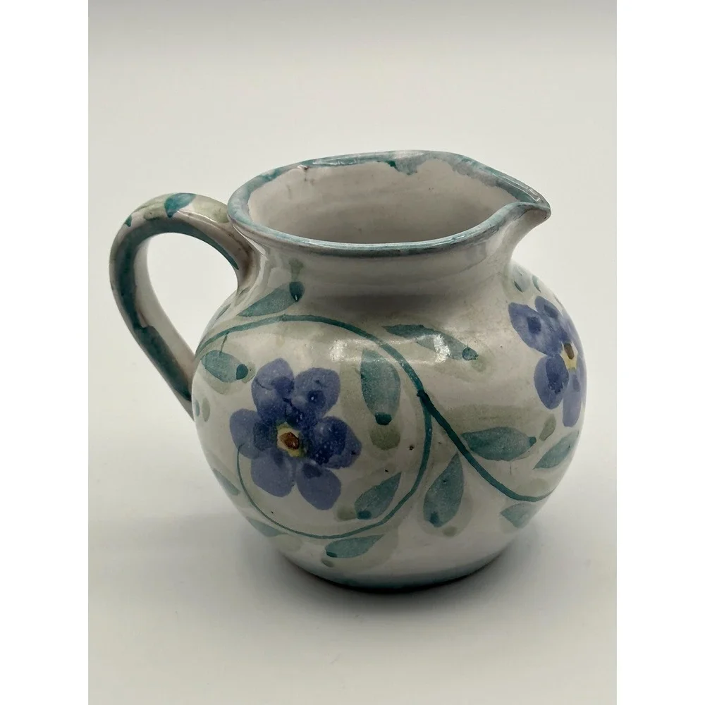Hand Painted Blue Floral Portuguese Pottery Small Pitcher Creamer